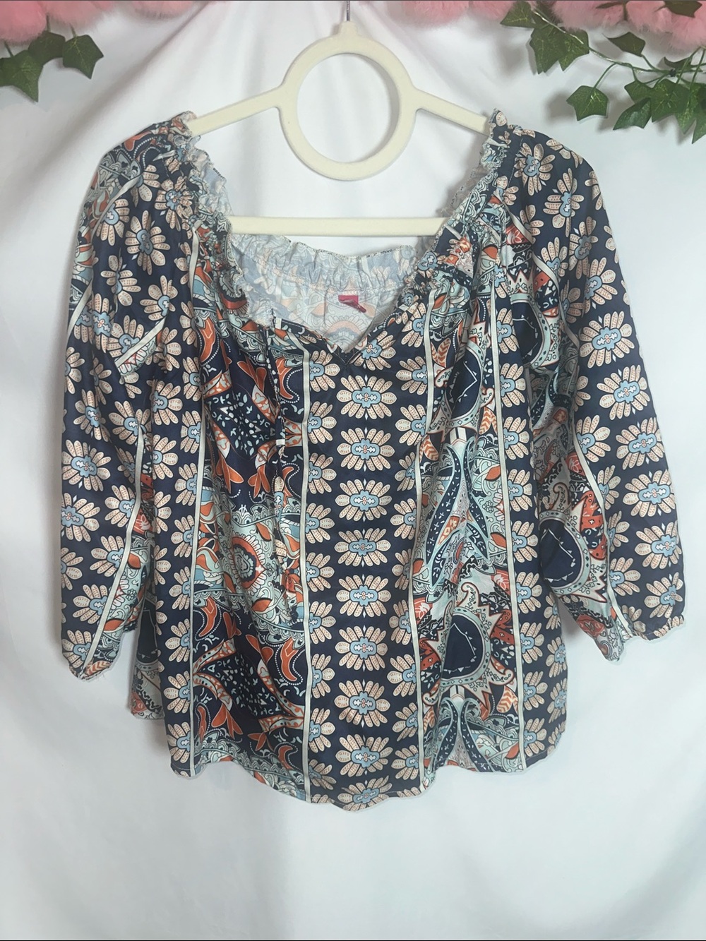 Printed Peasant Blouse in Navy, Cream, and Rust